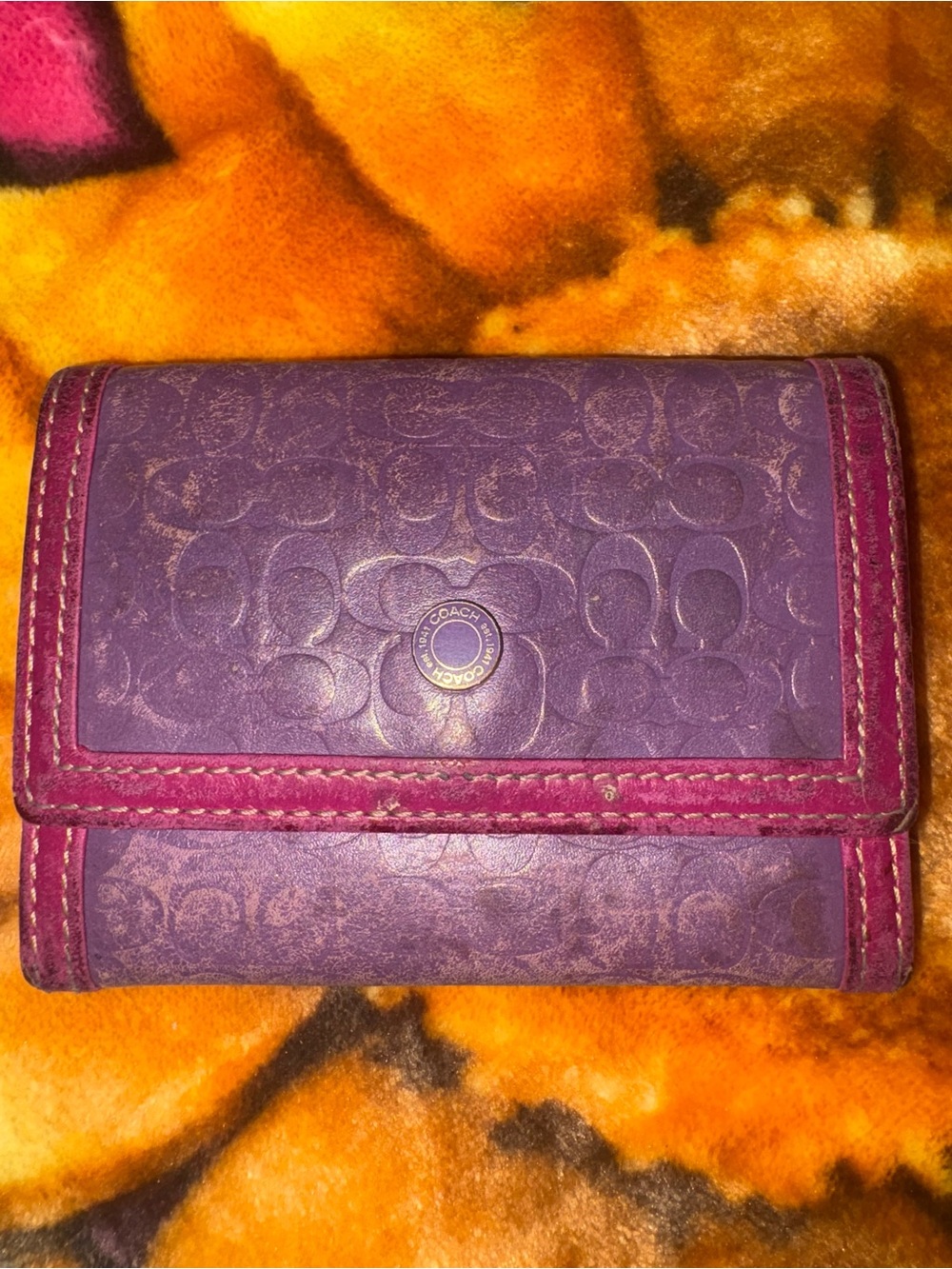 Vintage Coach Embossed Purple Leather Signature Trifold Wallet